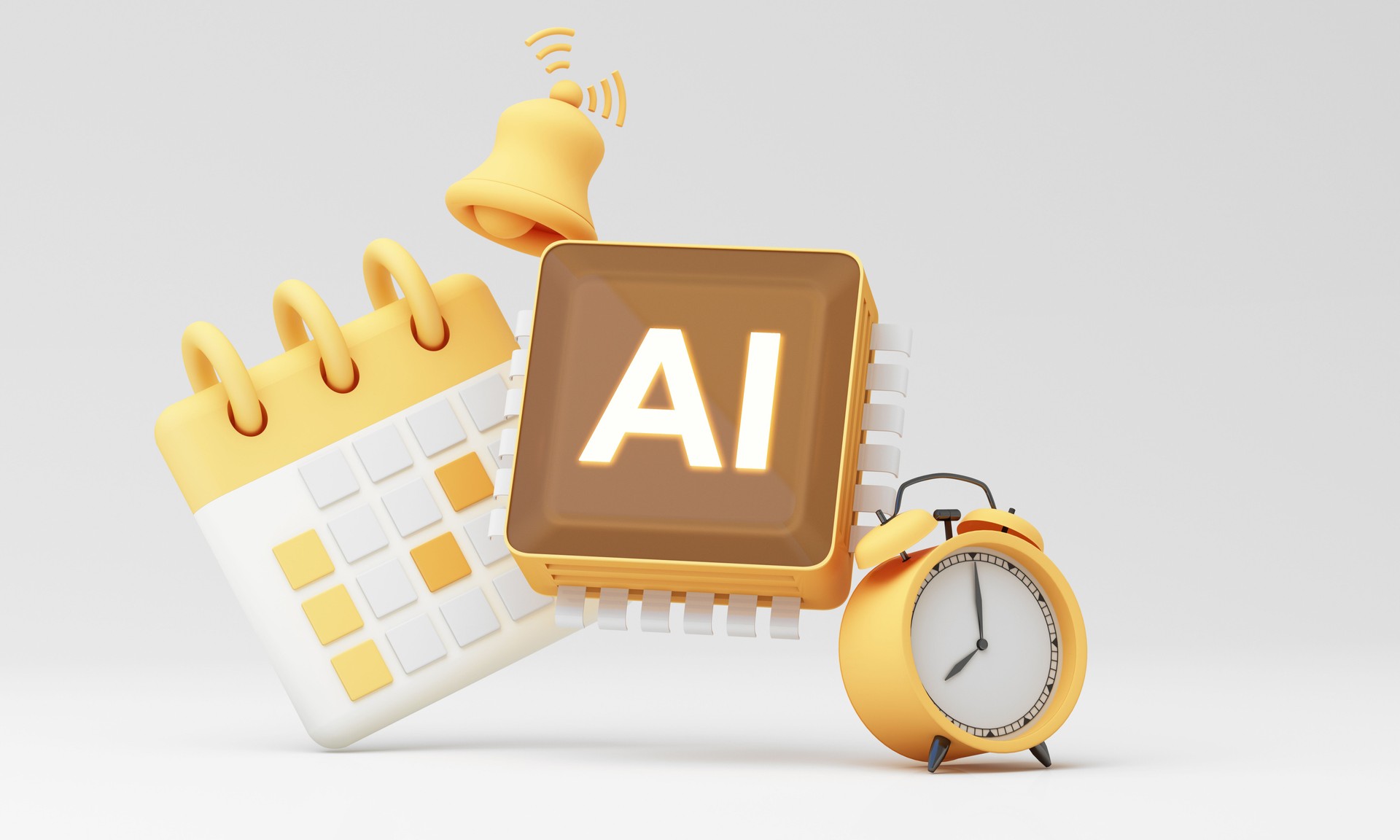 AI with calendar, alarm clock, and notification bell representing smart reminders, scheduling, and modern time management. 3d rendering.