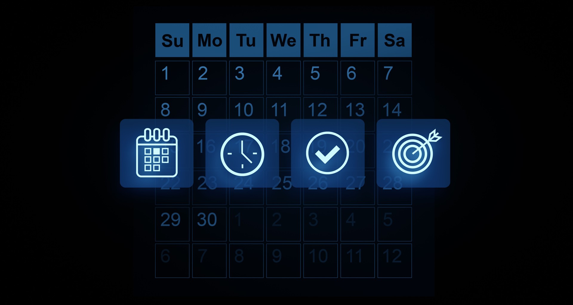 Digital calendar interface with glowing icons for scheduling, time management, task completion, and goal setting. 3D Rendering