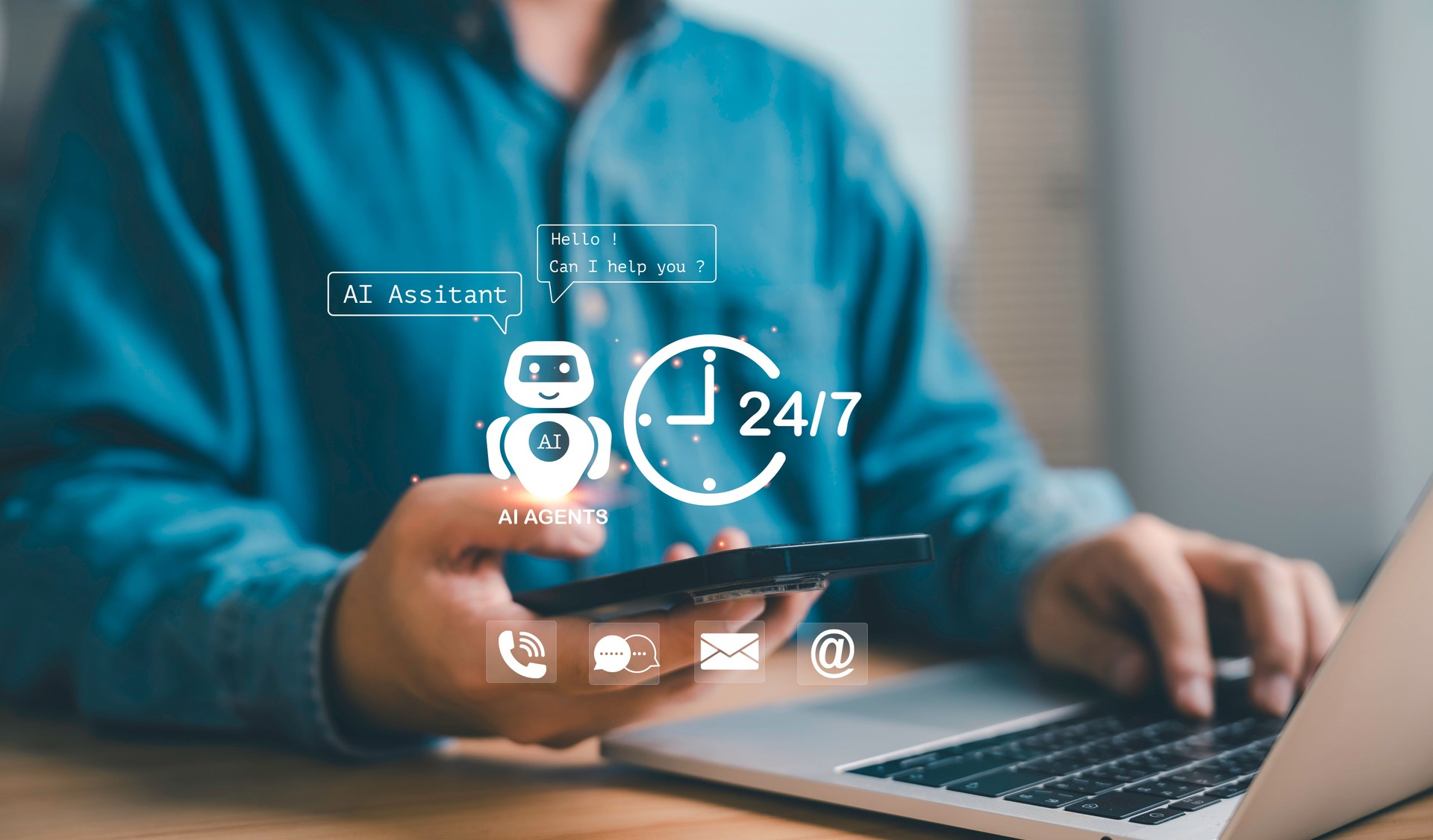 AI assistant chatbot providing 24/7 customer support, man using smartphone and laptop virtual agents, automation technology digital service online communication and business efficiency tools.